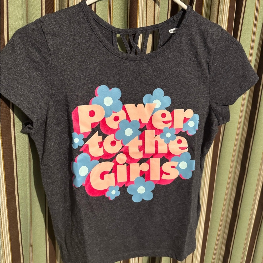 Old Navy Gray Tee with Pink and Blue Graphic